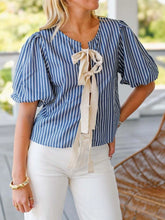 Tie Front Puff Sleeve Striped Blouse Blue Stripe OutfitFlow