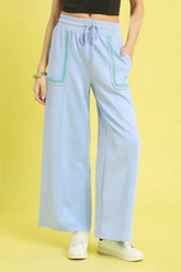 Umgee Drawstring Wide Leg Pants with Scallop Trim Detail ICE BLUE OutfitFlow