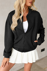 Texture Zip Up Baseball Collar Long Sleeve Jacket Black OutfitFlow