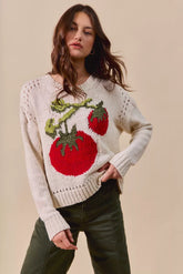 SO ME Vegetable Round Neck Long Sleeve Sweater CREAM MULTI OutfitFlow
