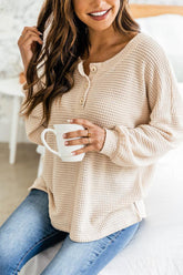 Slit Waffle Knit Long Sleeve T-Shirt Cream OutfitFlow