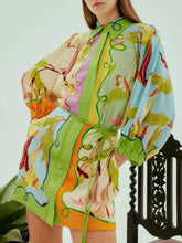 Abstract Print Tie Front Mini Shirt Dress with Pockets Lime OutfitFlow