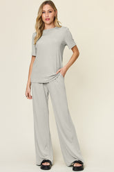 Double Take Full Size Round Neck Short Sleeve T-Shirt and Wide Leg Pants Set Light Gray OutfitFlow