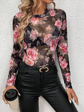 Mesh Floral Mock Neck Long Sleeve Top Black OutfitFlow