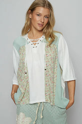 POL Lace-Up Hooded T-Shirt with Paisley Panel Detail Light Green OutfitFlow