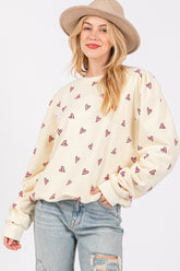 SAGE + FIG Heart Printed Contrast Long Sleeve Sweatshirt Cream OutfitFlow