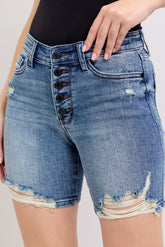 Judy Blue Button Fly Mid Length Denim Shorts W/ Destroy MD OutfitFlow