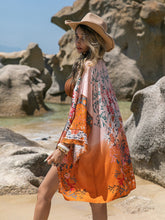 Printed Open Front Long Sleeve Cover-Up Orange OutfitFlow