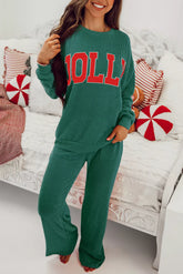 Jolly Christmas Top and Drawstring Pants Set Dark Green OutfitFlow