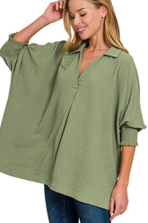Zenana Airflow Collar Tee with Smocked Sleeve Band Top LT OLIVE OutfitFlow