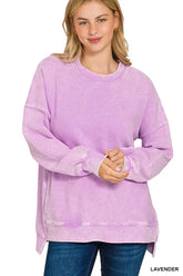 Zenana Acid Washed Double Ribbed Hi-low Sweatshirt LAVENDER OutfitFlow