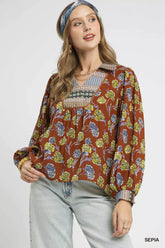 Umgee Floral Print Collar Blouse SEPIA OutfitFlow