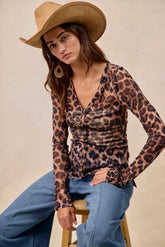 BiBi Leopard Printed Mesh Shirt With Button Up V Neck LEOPARD OutfitFlow