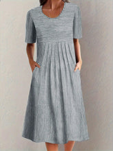 Striped Round Neck Short Sleeve Midi Dress Light Gray OutfitFlow