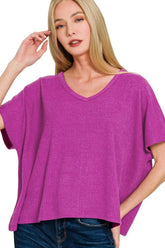 Zenana Ribbed V-Neck Short-Sleeve Knit Top LT PLUM OutfitFlow