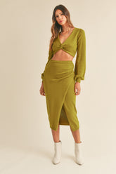 MABLE Front Twisted Knit Top and Midi Skirt Set Moss Green OutfitFlow