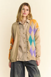 Davi & Dani Argyle V-Neck Dropped Shoulder Cardigan Tan OutfitFlow