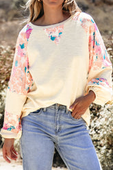 Printed Round Neck Balloon Sleeve Sweatshirt Ivory OutfitFlow
