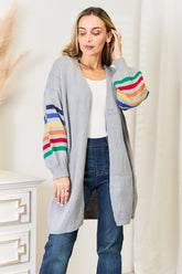 Angel Wings Multicolored Stripe Open Front Longline Cardigan Light Gray OutfitFlow