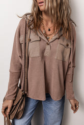 Pocketed Half Button Long Sleeve Hoodie Mocha OutfitFlow