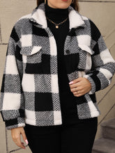 Plus Size Pocketed Plaid Collared Neck Jacket Black OutfitFlow