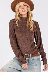 SAGE + FIG Glitter Mock Neck Lettuce Hem Long Sleeve Top Brown OutfitFlow