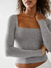 Square Neck Long Sleeve T-Shirt Light Gray OutfitFlow