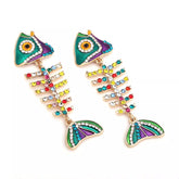 Rhinestone Colorful Fish Bone Statement Earrings Turquoise One Size OutfitFlow