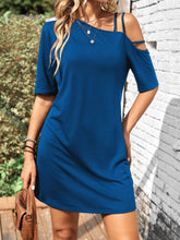 Asymmetrical Neck Half Sleeve Mini Dress Peacock Blue OutfitFlow