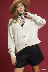 Umgee Button-Front V-Neck Knit Cardigan Cream OutfitFlow