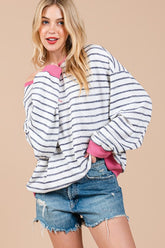 Ces Femme Striped Round Neck Drop Shoulder Sweatshirt Black OutfitFlow