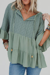Ruffled Tie Neck Three-Quarter Sleeve Blouse Sage OutfitFlow