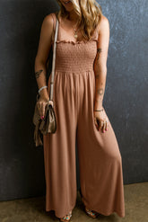 Frill Smocked Wide Leg Jumpsuit Camel OutfitFlow