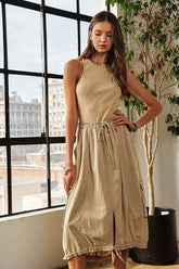 ADORA Drawstring Sleeveless Washed Dress Tan OutfitFlow