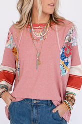 Striped Floral Patchwork Round Neck Top Deep Red OutfitFlow