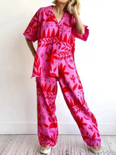 Printed Button Up Shirt and Pants Set Hot Pink OutfitFlow