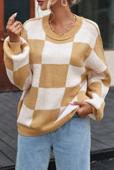 Checkered Exposed Seam Drooped Shoulder Sweater Tan OutfitFlow