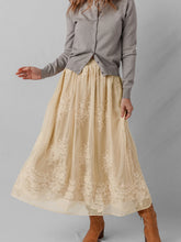 Embroidered Mesh Overlay Flowy Midi Skirt Oatmeal OutfitFlow