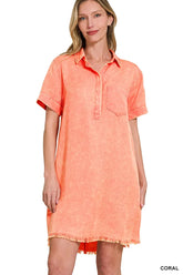 Zenana Tencel Mineral Washed Collared Shirts Dress CORAL OutfitFlow
