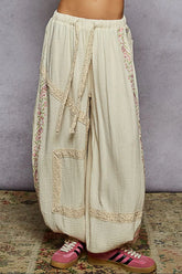 POL Floral Embroidered Drawstring Joggers with Lace Trim Cream OutfitFlow