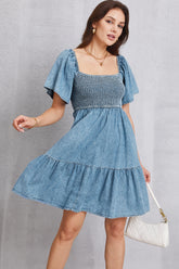 Smocked Square Neck Mini Denim Dress Light OutfitFlow