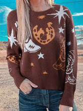 Cowgirl Round Neck Casual Sweater Brown OutfitFlow