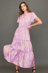 Umgee Full Size Printed Notched Short Sleeve Tiered Dress Plus Size Heliotrope Purple OutfitFlow