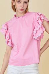 Ruffled Sleeve Frilled Collar Blouse Blush Pink OutfitFlow