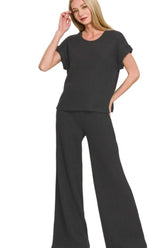Zenana Rolled Sleeve Top and Pants Sweater Set BLACK OutfitFlow
