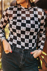 Checkered Mock Neck Long Sleeve Top Black OutfitFlow