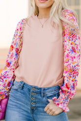 Printed Round Neck Flounce Sleeve Sweater Blush Pink OutfitFlow