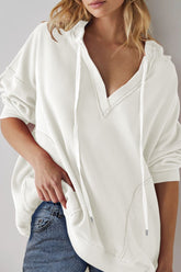 Exposed Seam Drawstring Long Sleeve Hoodie White OutfitFlow