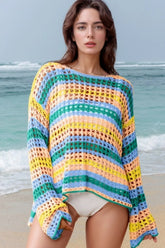 Openwork Round Neck Long Sleeve Knit Cover Up Turquoise OutfitFlow