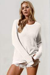 Double Take Corded Rib Thumbhole Cuff Round Neck T-Shirt White OutfitFlow